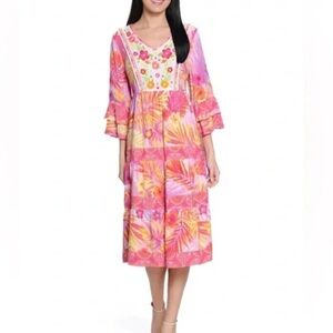 John Mark Embroidered Midi Dress Sz L Tropical Print Ruffle Sleeve Resort Wear